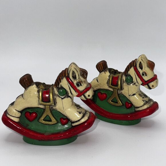 Holiday Memories Rocking Horse Mini Candle Holders Set of 2 Vintage Christmas - Picture 1 of 11